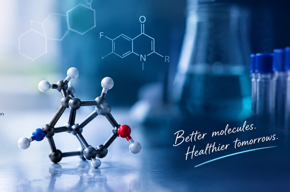 Ball and stick molecular model on a lab bench with glassware and the words Better molecules, Healthier tomorrows